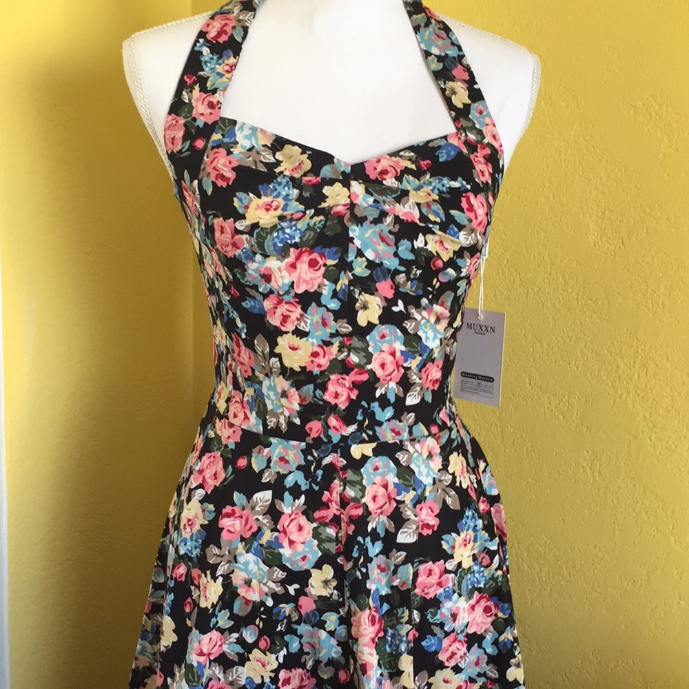 Floral Halter Fit & Flare Dress - Pink Blue Roses on Black